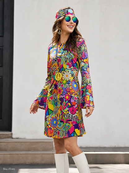 Bright Women's Hippie-Style Printed Dress with Hat