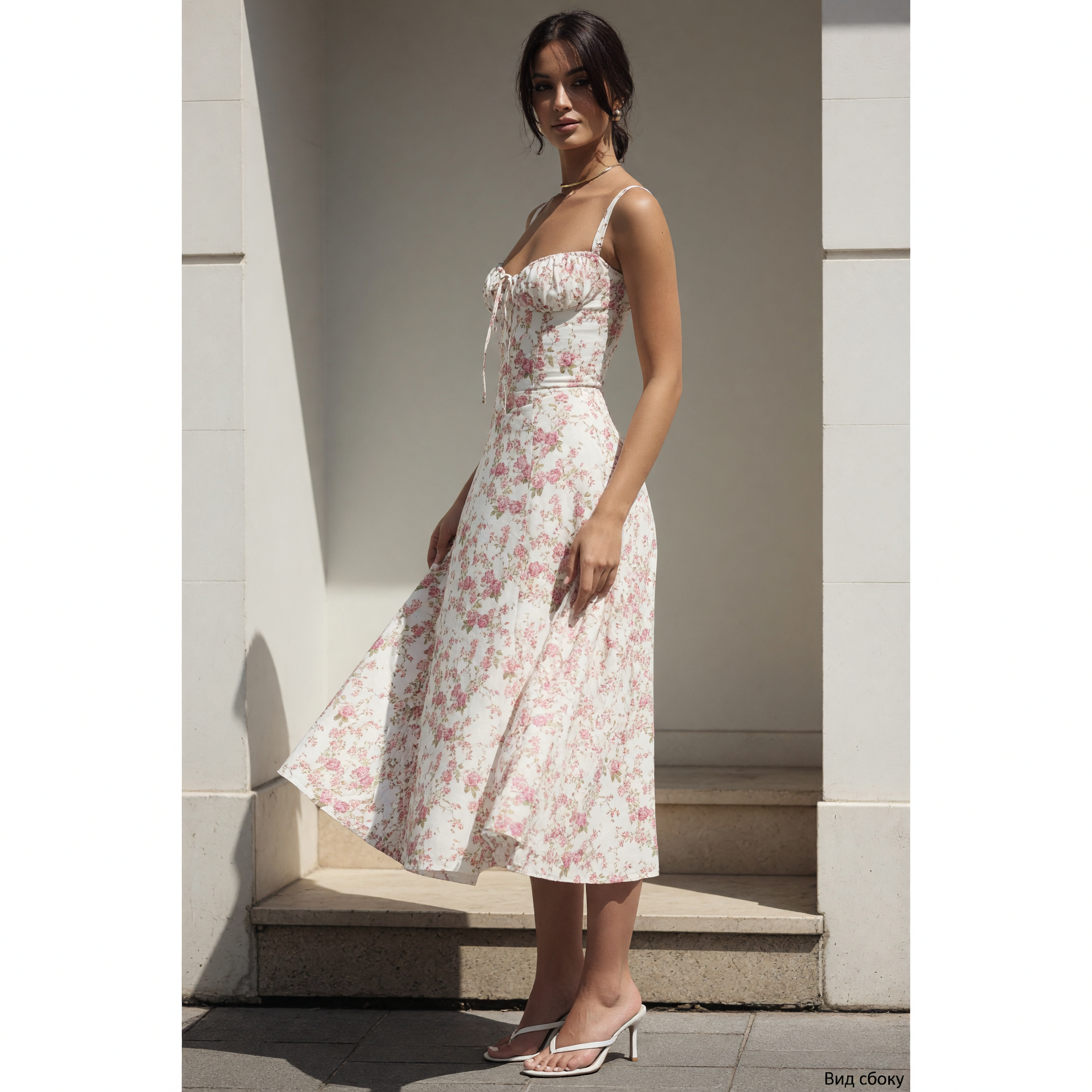 Summer midi dress with thin straps and floral print