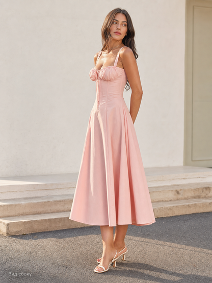 Pink Tie-Front Midi Dress with Spaghetti Straps and A-Line Silhouette