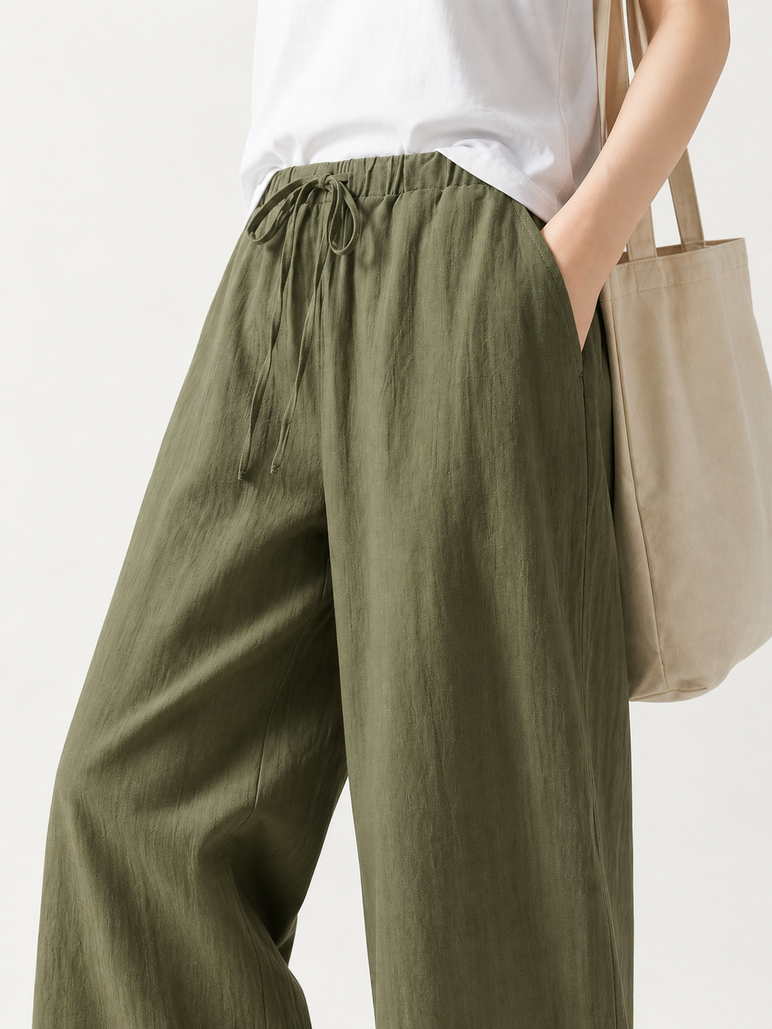 Wide-leg pants with a high elastic waistband, army green