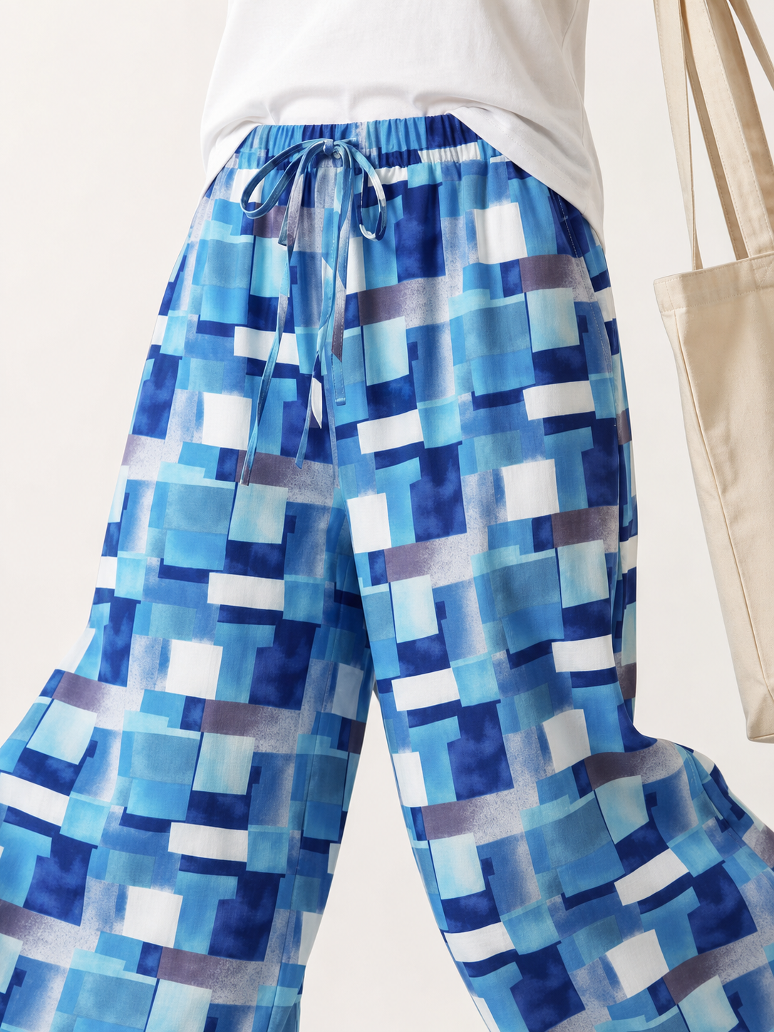 Blue and White Palazzo Pants with Geometric Print