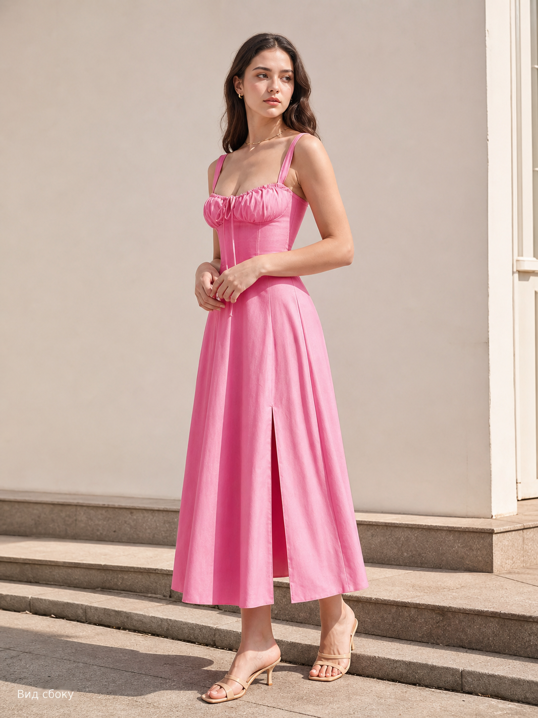 Pink Tie-Front Spaghetti-Strap A-Line Dress