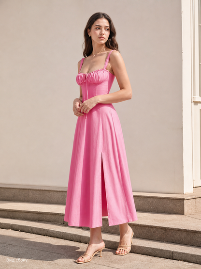 Pink Tie-Front Spaghetti-Strap A-Line Dress