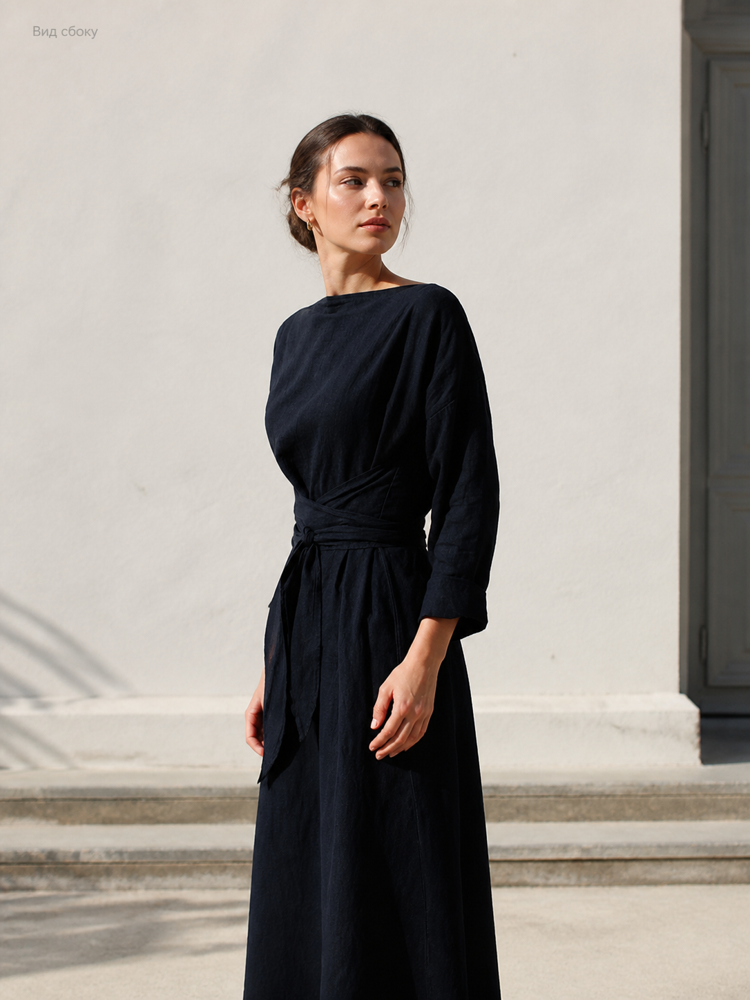 Long Dress with 3/4 Sleeves, Waist Ties, and Gathered Detail