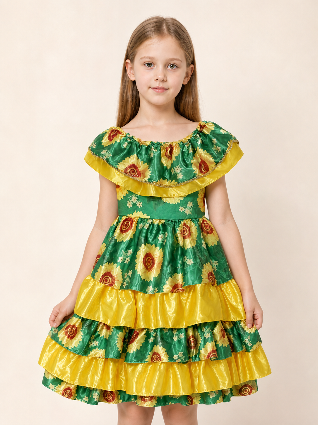 Tiered Girls' Dress with Ruffles and Flowers