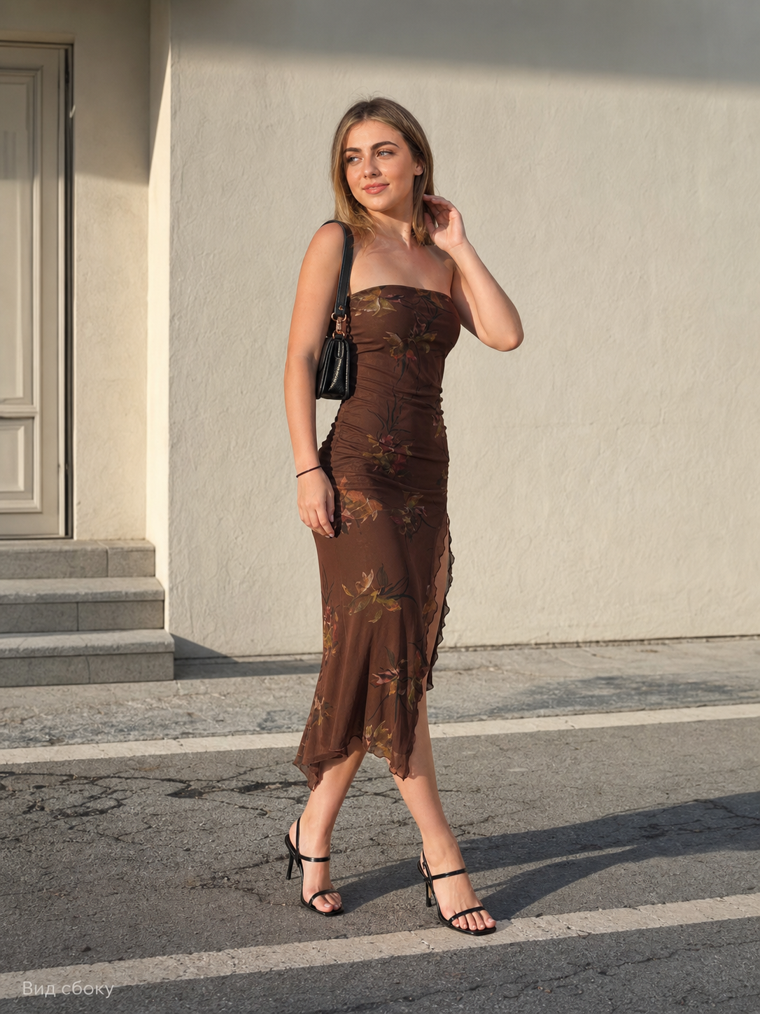 Women’s Brown Long Strapless Dress with Slit