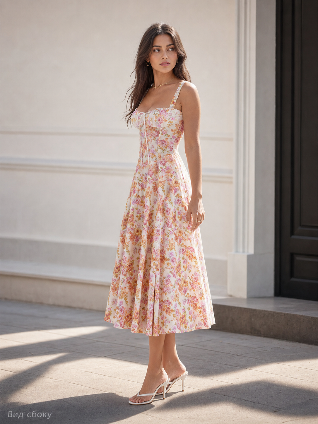Women's midi dress with shoulder straps and floral print