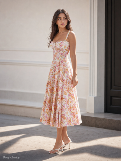 Women's midi dress with shoulder straps and floral print