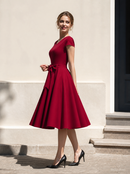 Burgundy Dress with a V-Neckline and Bow