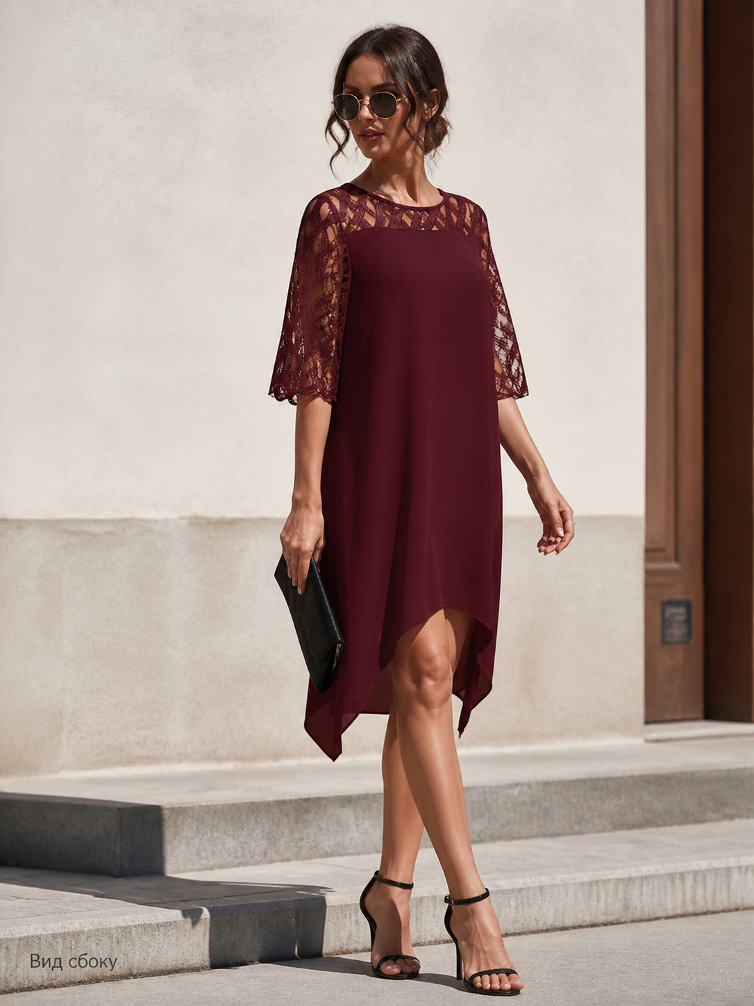 Burgundy Dress with Lace Inset and Asymmetrical Hem