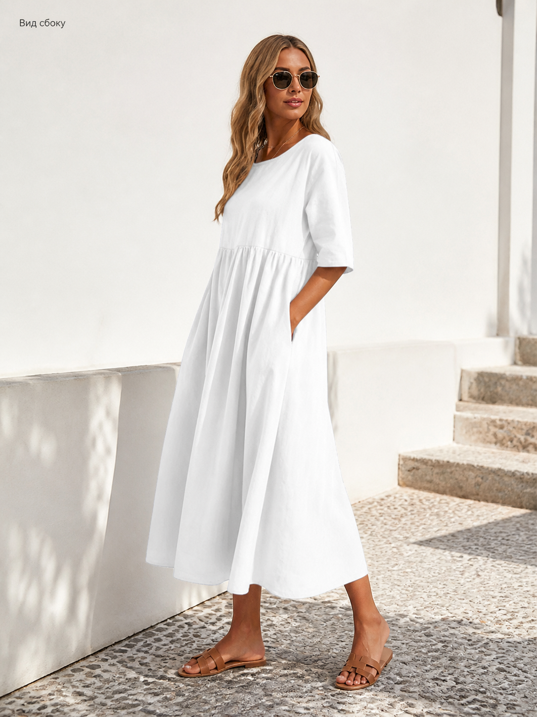 White Long Loose-Fit Dress with a Round Neckline