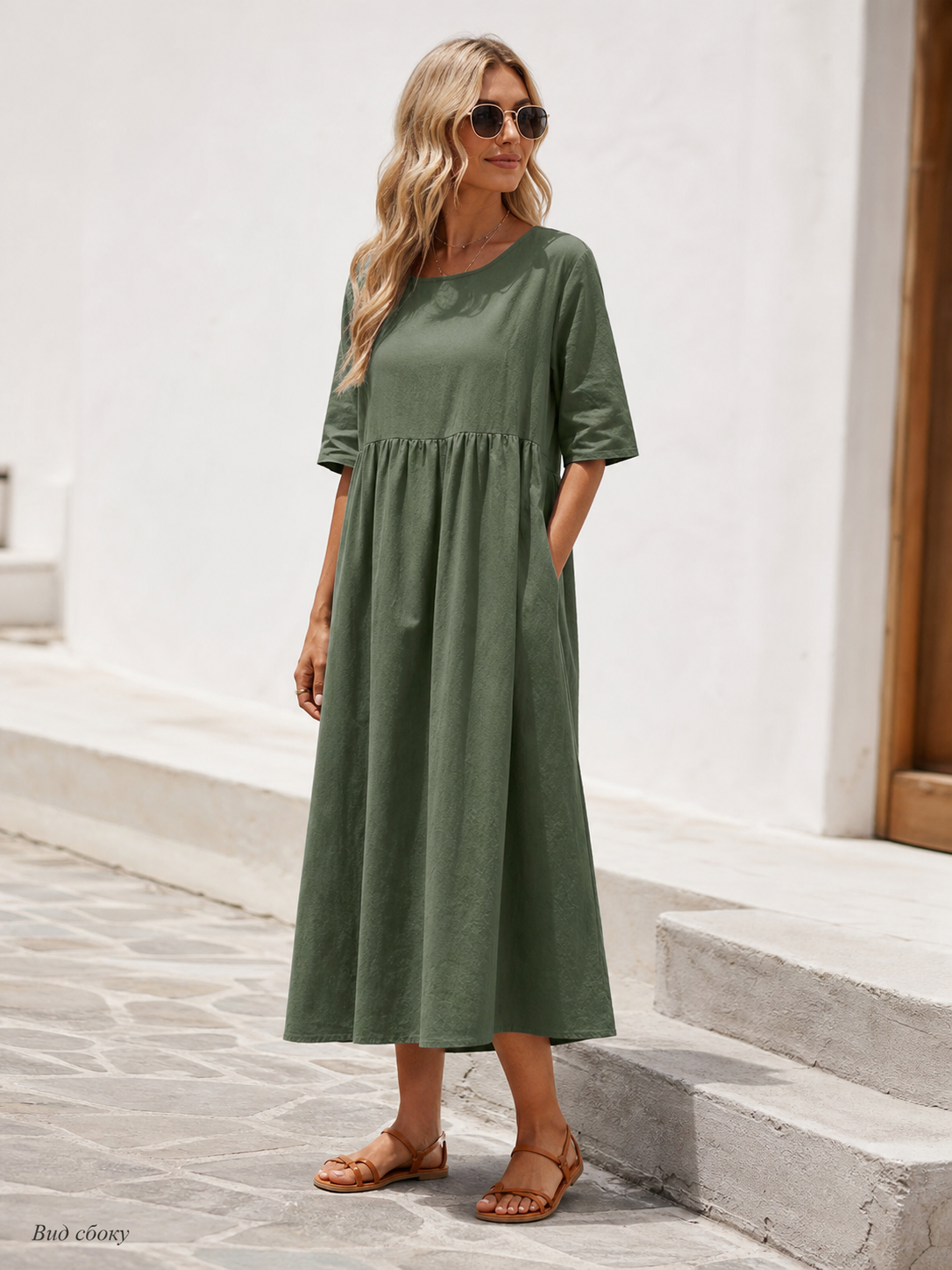 Olive Loose-Fit Dress with 3/4 Sleeves