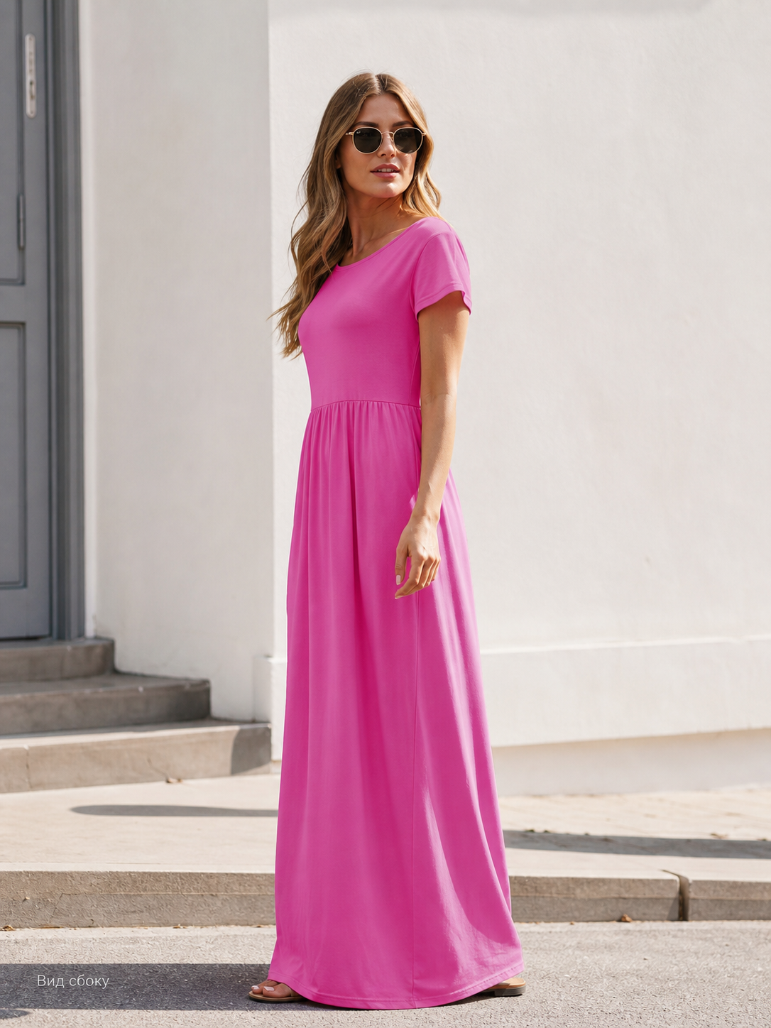 Women's Long Dress with Short Sleeves and Pleats