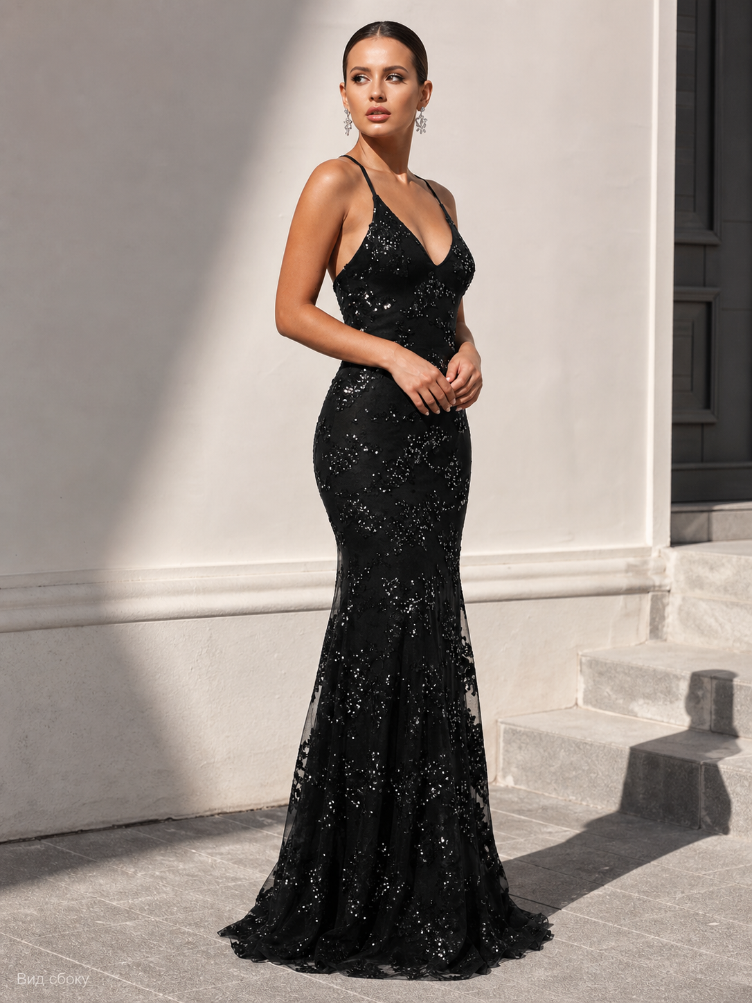 Black women’s sequin dress with a V-neck and mermaid skirt