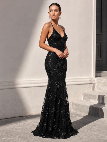 Black women’s sequin dress with a V-neck and mermaid skirt