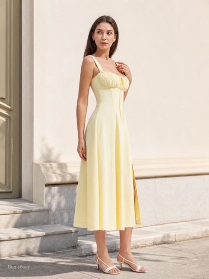 Yellow Midi Dress with a Slit and Thin Straps