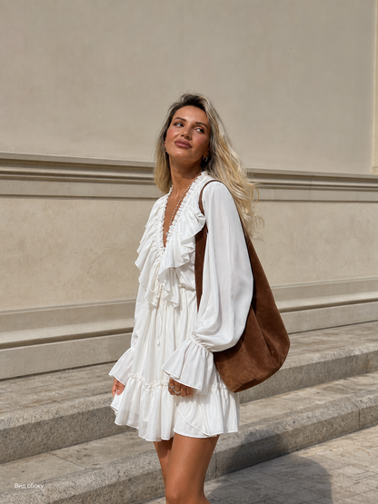Women’s White Short Dress with a V-Neckline and Ruffles