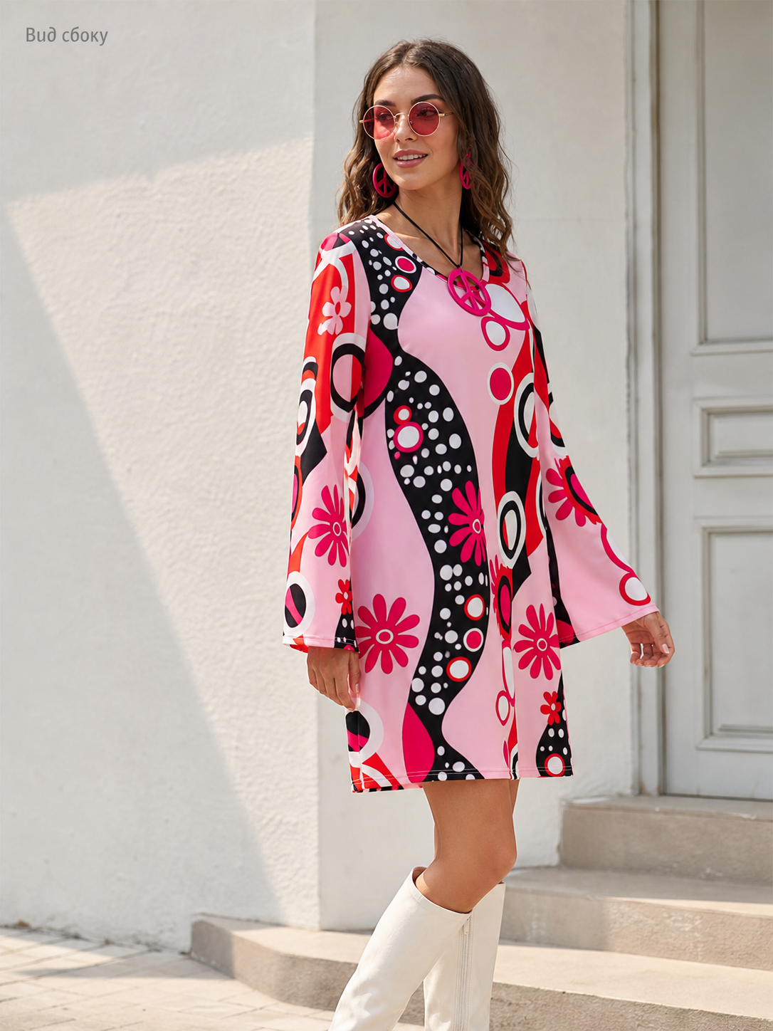 Women's Dress with Long Sleeves, Lacing, and Pattern