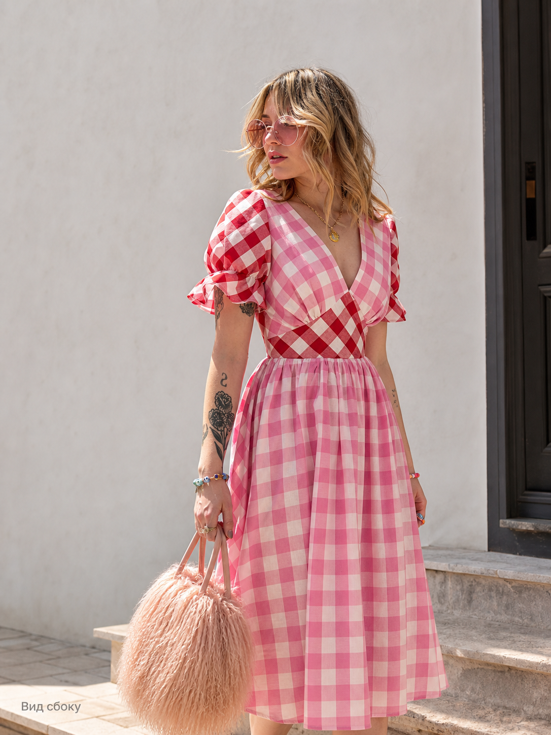 Pink-and-White Plaid Dress with a V-Neck