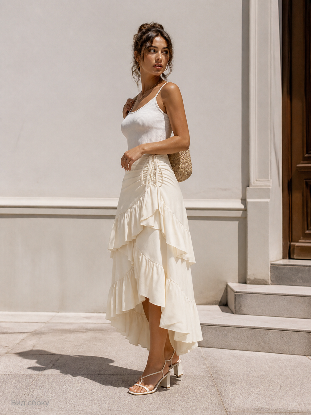 Skirt with an Asymmetric Tiered Flounce and Shirring