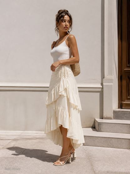 Skirt with an Asymmetric Tiered Flounce and Shirring