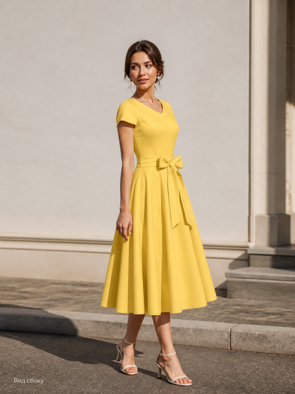 Yellow Dress with a V-Neck, Short Sleeves, and a Bow