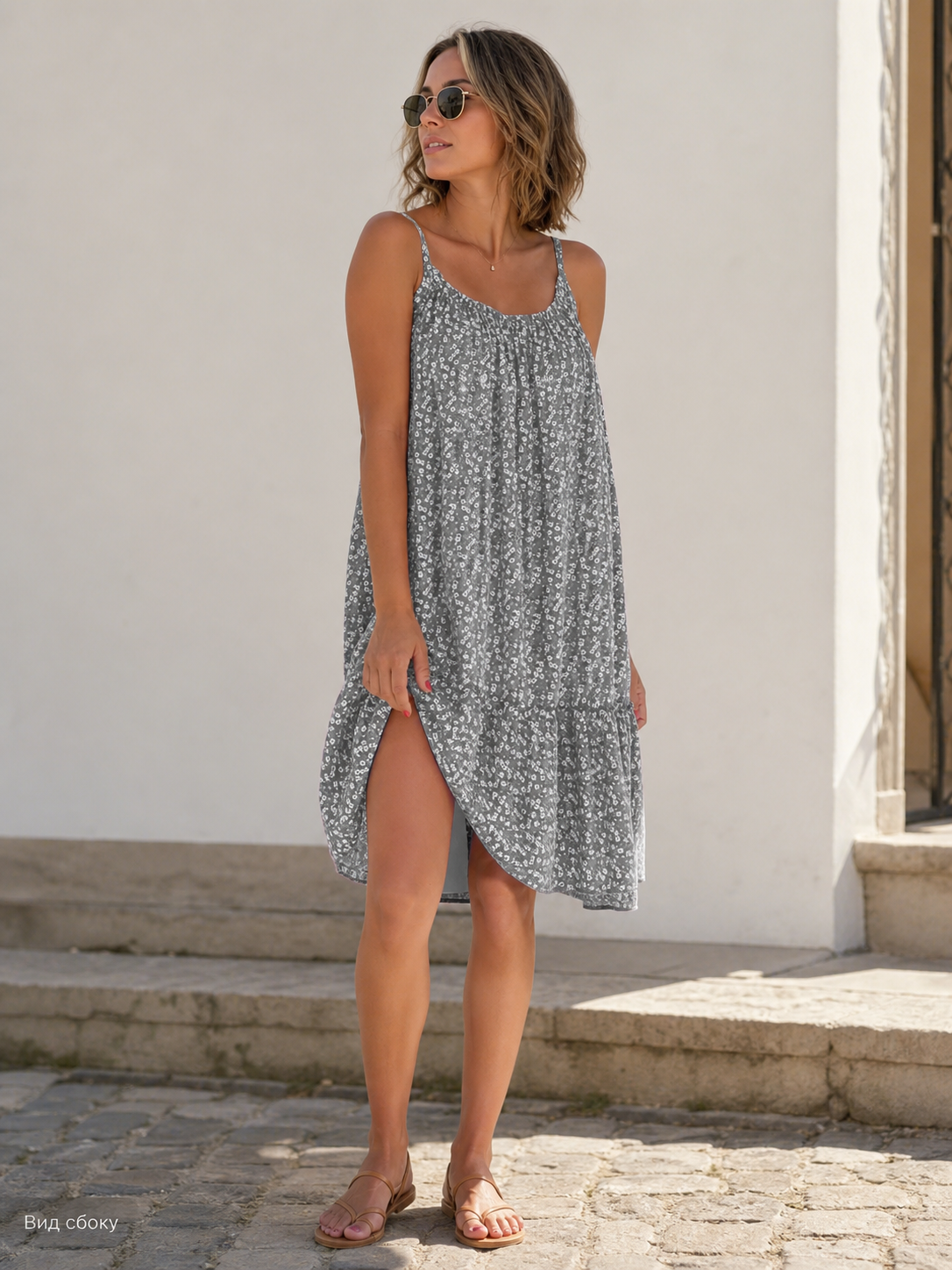 Women's Gray Floral-Print Dress with Spaghetti Straps