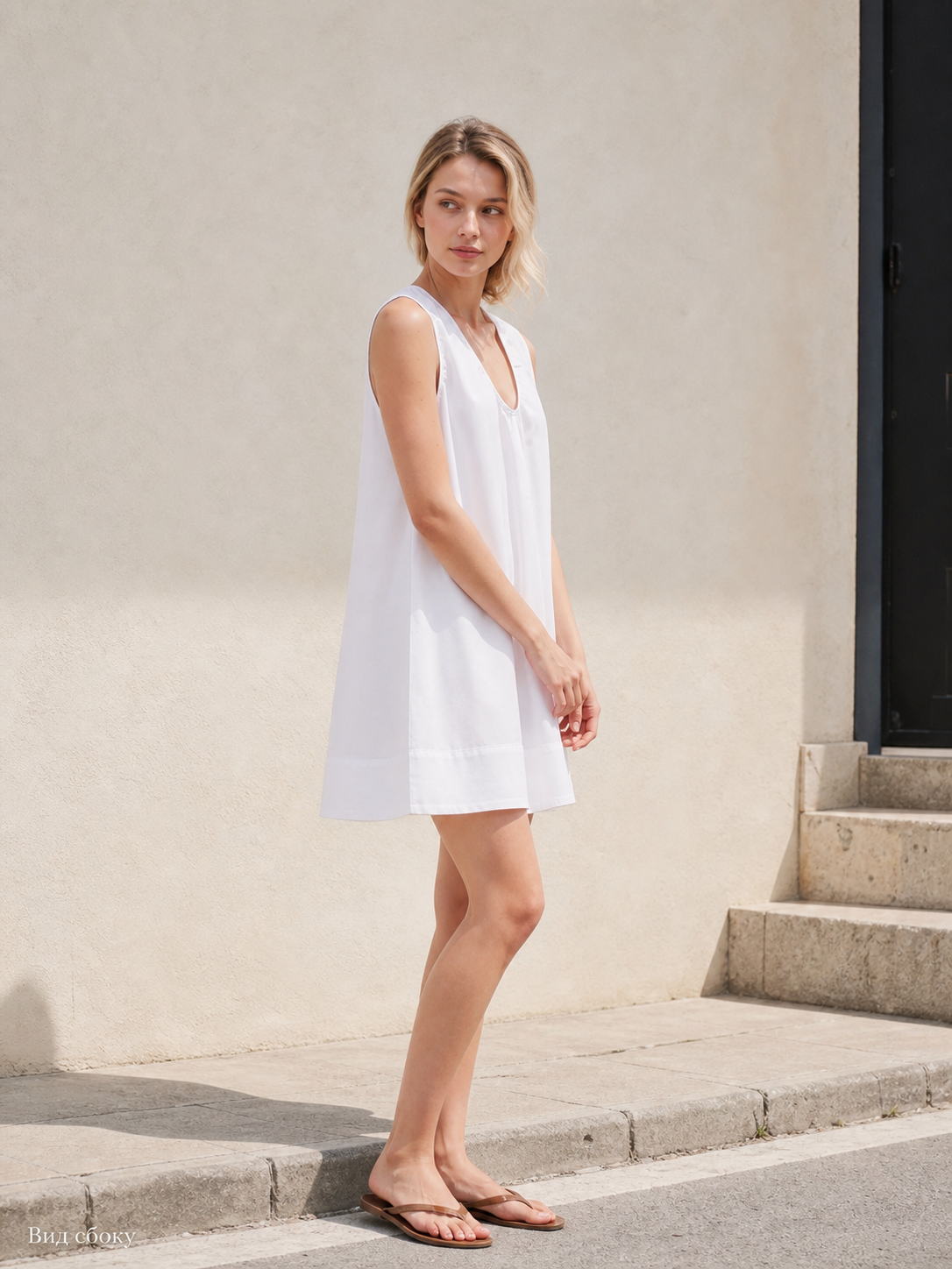 White Sleeveless Dress with a V-Neck and Loose A-Line Silhouette