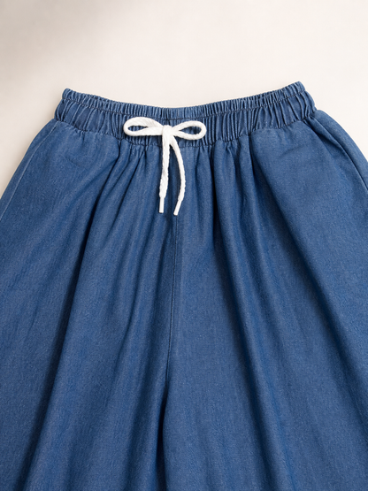 Blue wide-leg pants with an elastic waistband