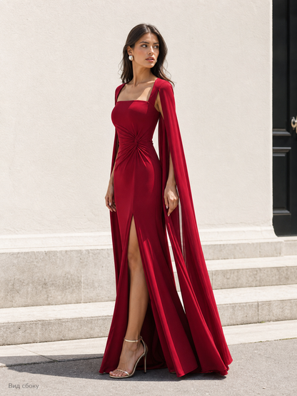 Burgundy Maxi Dress with a Square Neckline and Slit