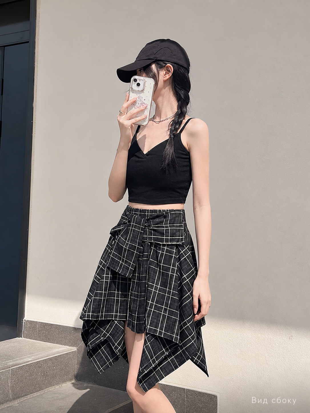 Women's Asymmetrical Black-and-White Plaid Skirt