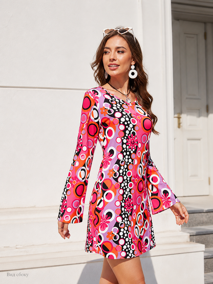 Dress with Flared Sleeves, Accessories, and Print