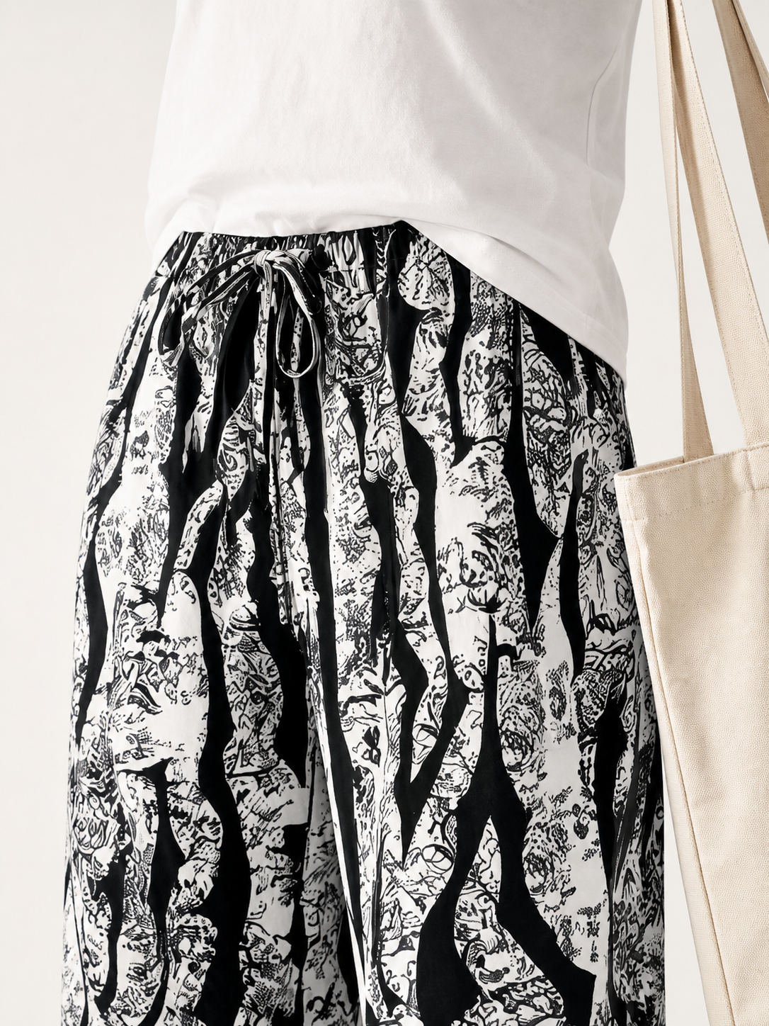 Wide-Leg Pants with Black-and-White Abstract Print