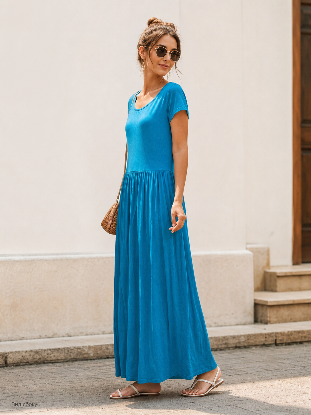 Long Women's Dress with Short Sleeves and Pleats