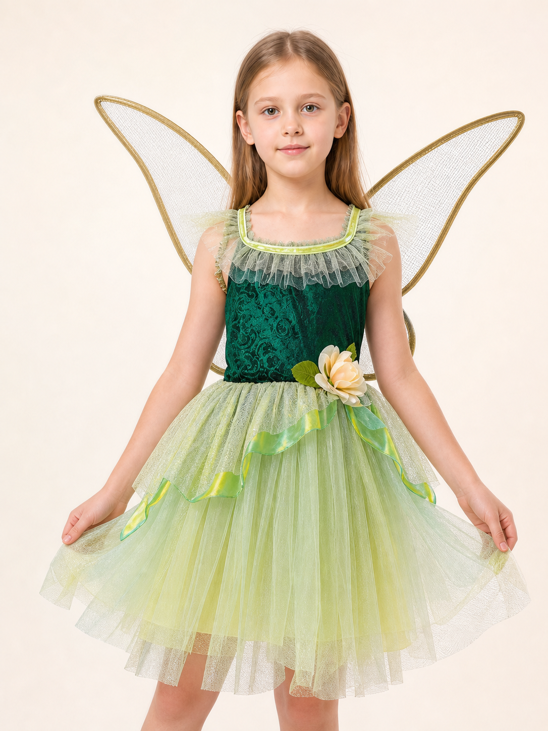This children's dress is designed as a forest fairy costume and is suitable for performances and the June 1 holiday. The style features a green top with a jacquard pattern, a neat neckline with a ruffle, and a fit that emphasizes the waist.