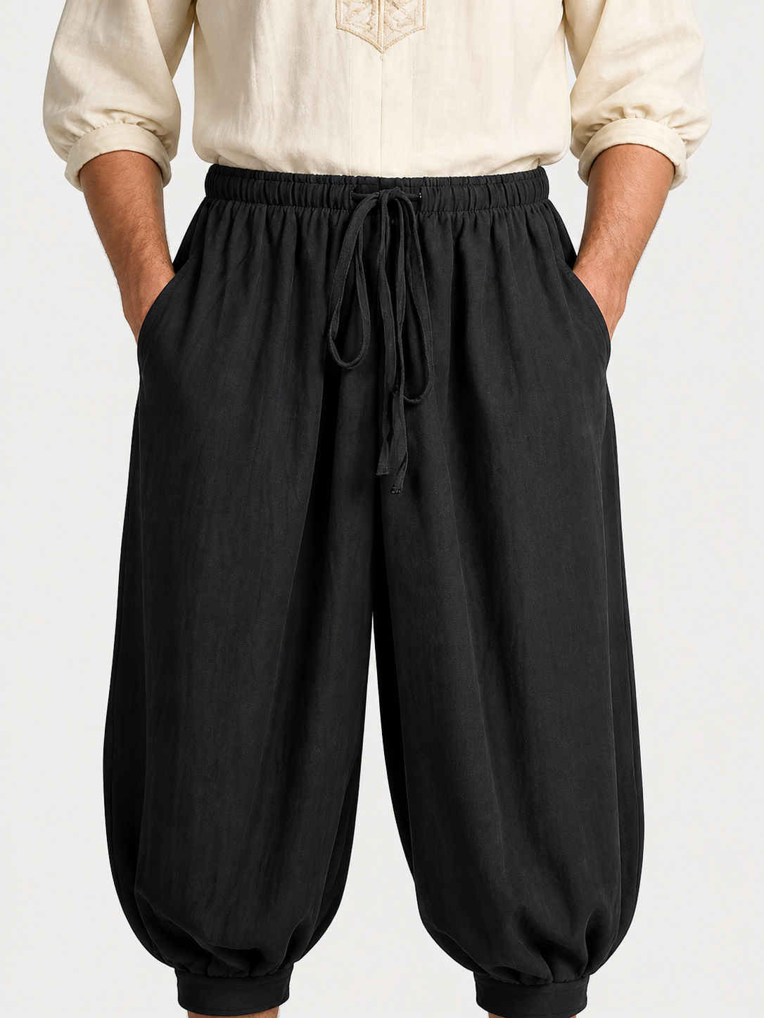 Black Cropped Aladdin Pants, Cotton Linen