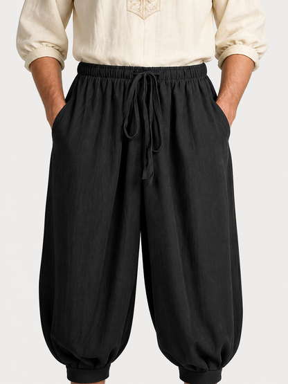 Black Cropped Aladdin Pants, Cotton Linen