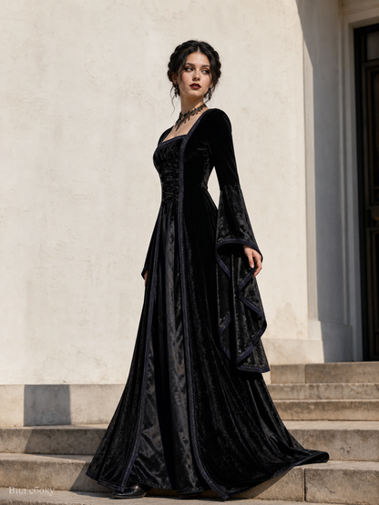 Gothic Black Dress with Lace-Up Detail and Long Sleeves