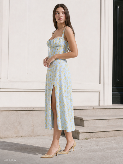 Women's midi dress with thin straps and a slit