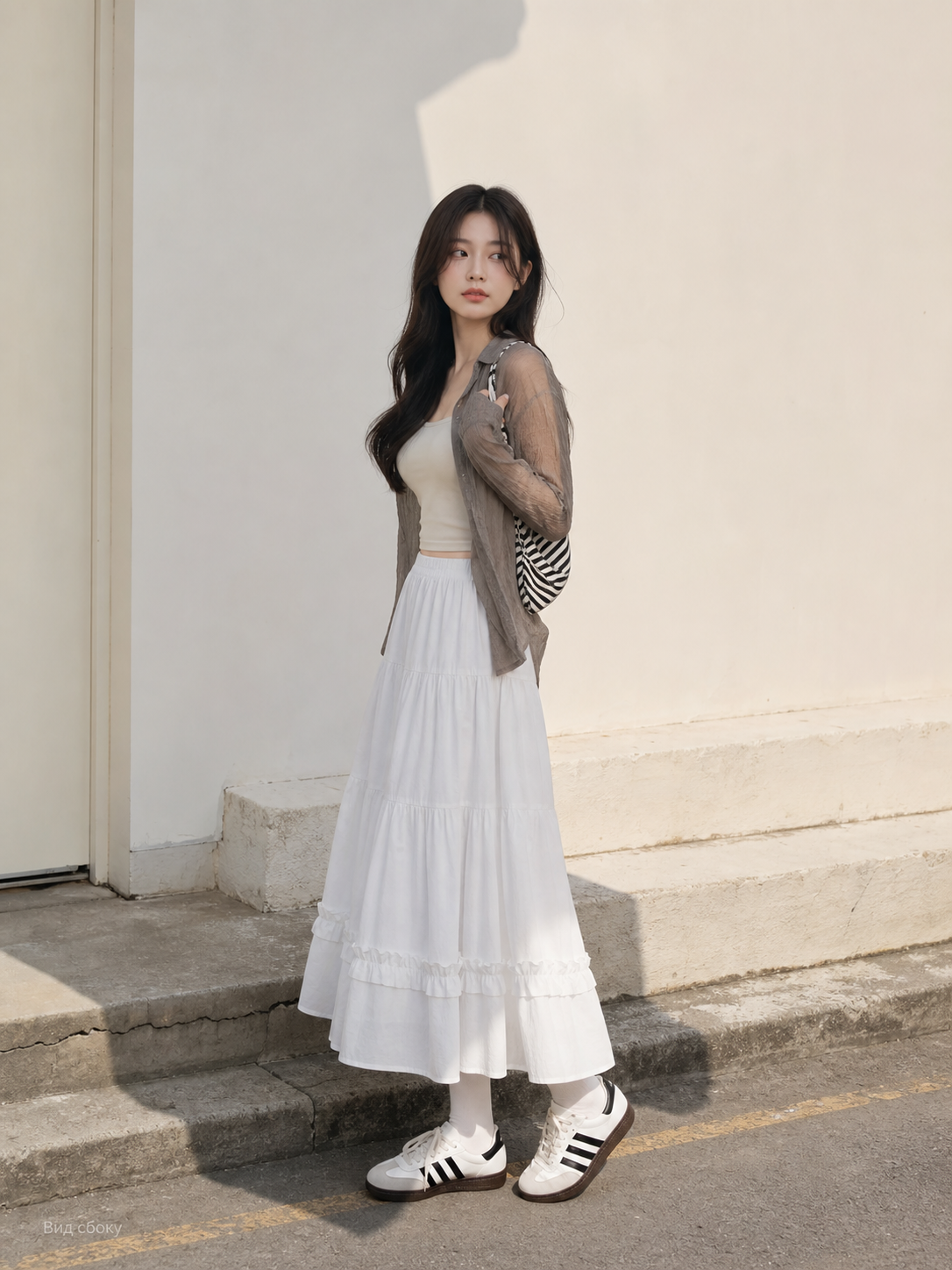Long White A-Line Skirt with Tiered Ruffles