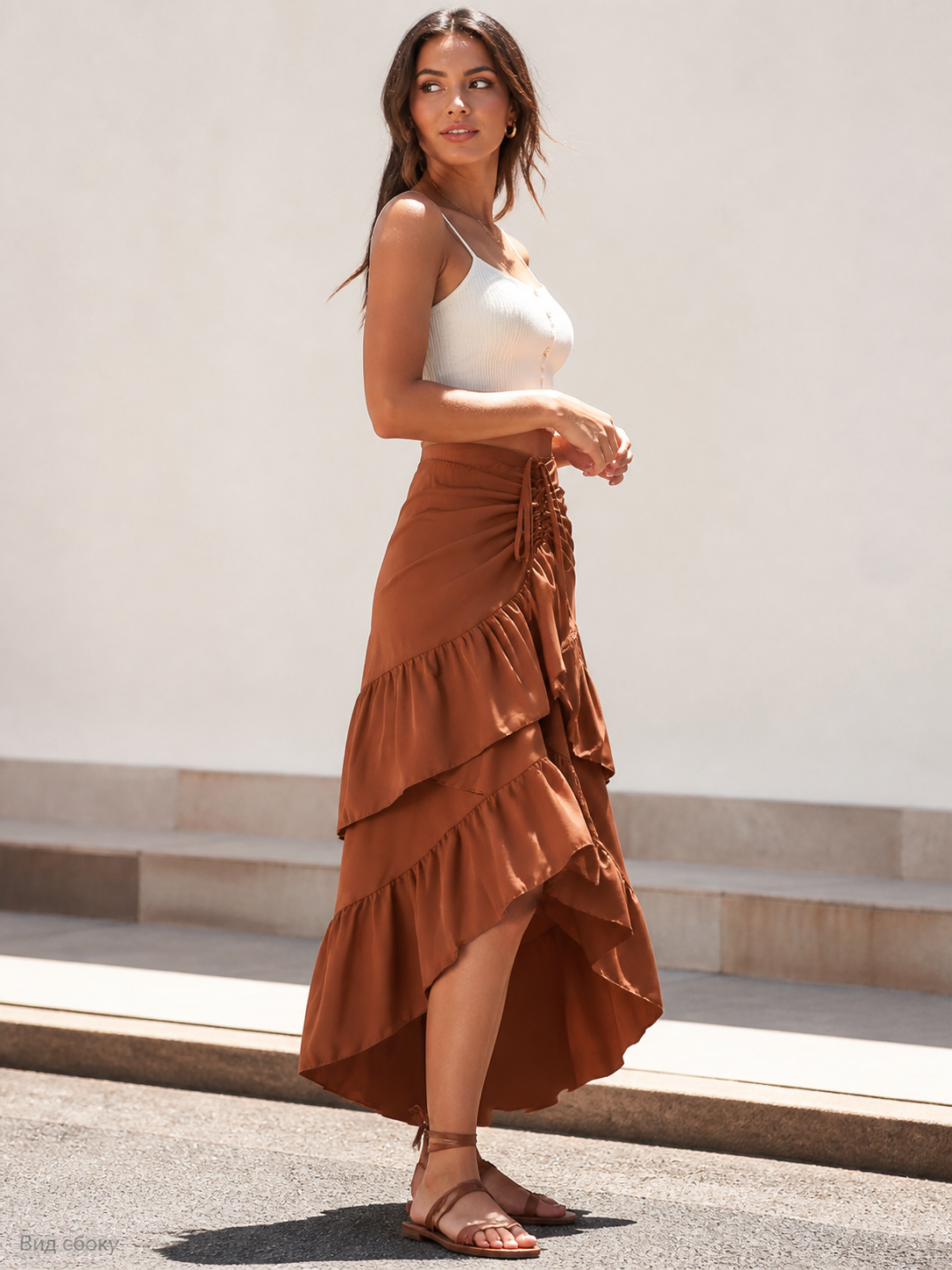 Long Brown Skirt with a High Waist and Tiered Ruffles