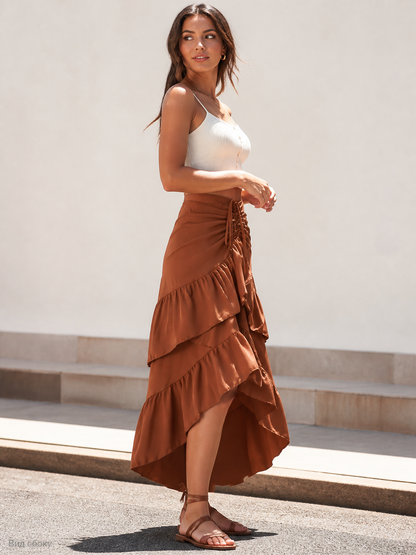 Long Brown Skirt with a High Waist and Tiered Ruffles