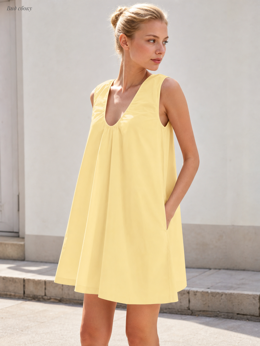 Light Yellow Sleeveless Midi Dress with U-Neckline