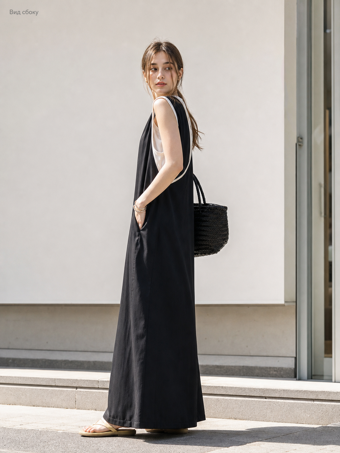 Long Black Sleeveless Dress with V-Neck