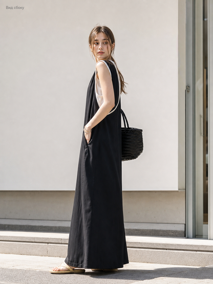 Long Black Sleeveless Dress with V-Neck