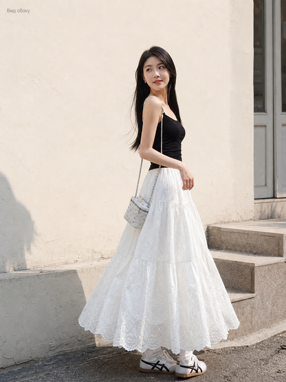 Long women’s skirt with a tiered floral pattern