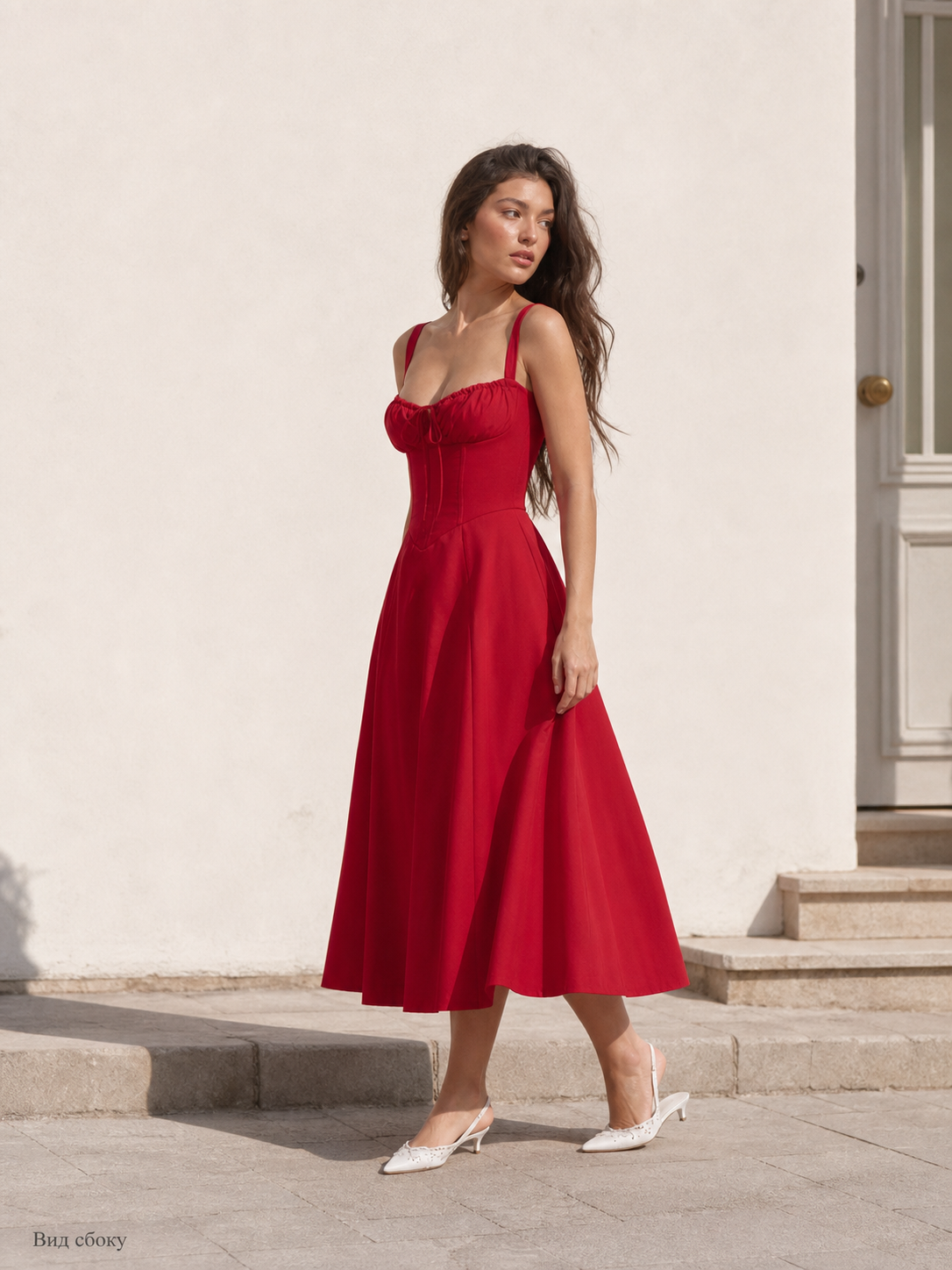 Women's Red Midi Dress with a Fitted Bodice