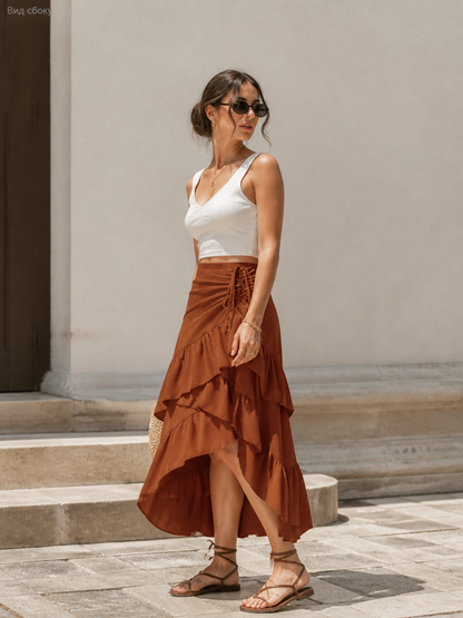 Asymmetrical Tiered Ruffle Skirt with Drawstring