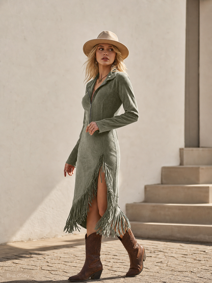 Long Fitted Dress with Fringe and Collar