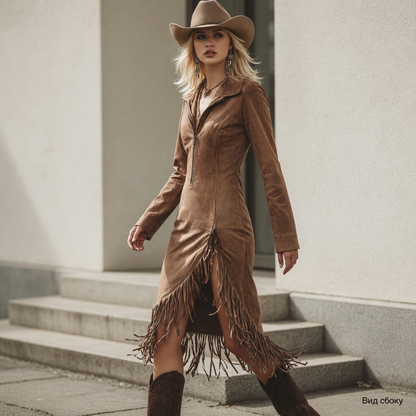 Brown fitted dress with fringe and collar